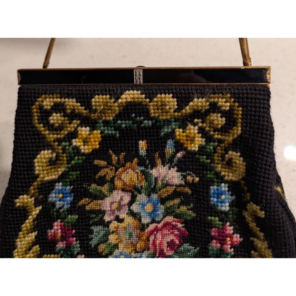 Vintage Floral Needlepoint Evening Bag Metal Frame Chain Strap etched clasp - Picture 2 of 16